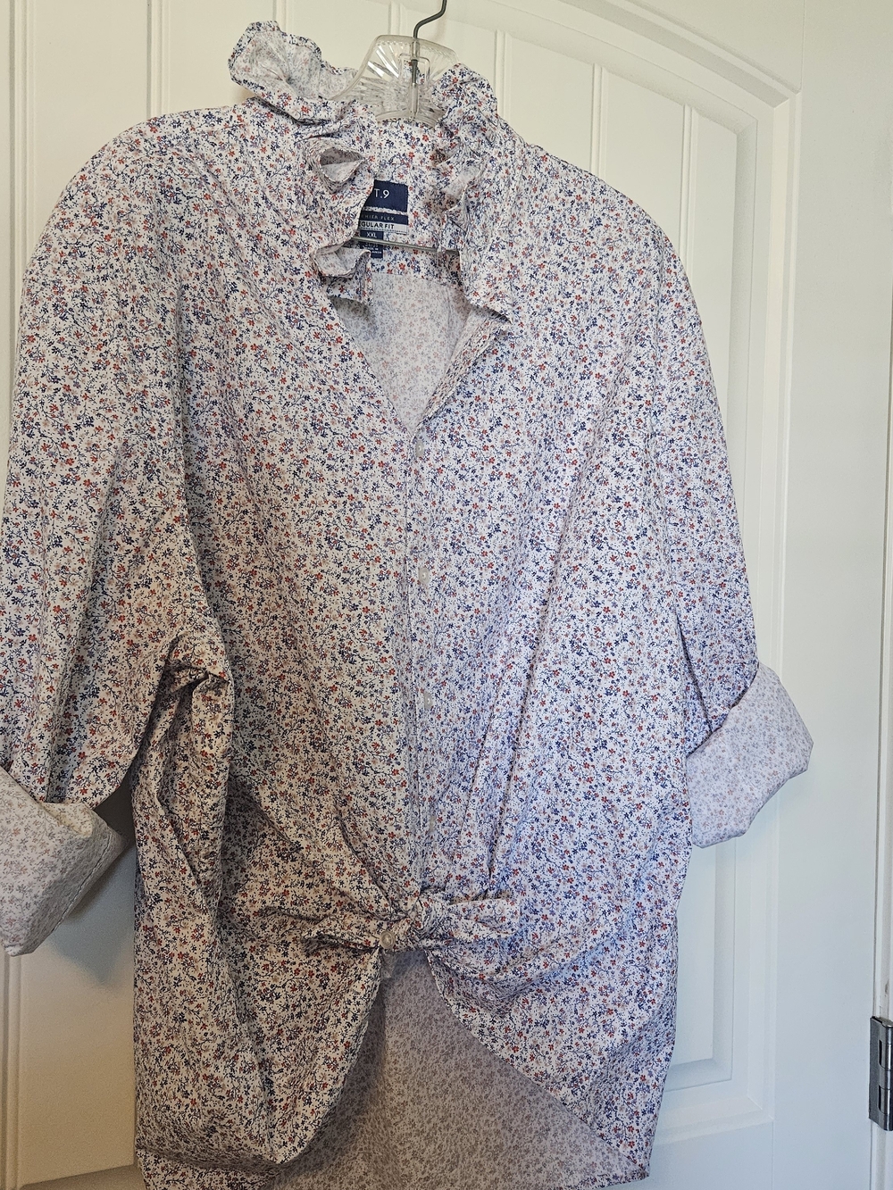 Upcycled White Button-Up Ruffle Blouse with Red & Blue Floral